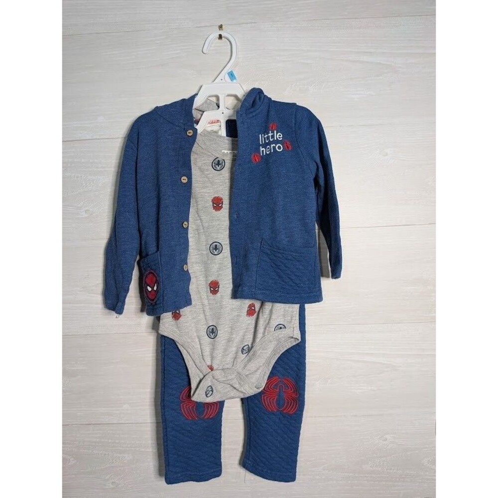 Marvel Spider-Man Baby Boy 3pc Set 24M Blue Quilted Cardigan Pants Grey Bodysuit